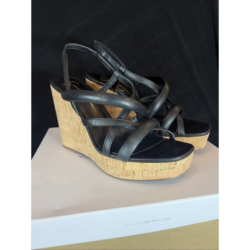 Women's Jessica Simpson Simina Cork Strappy Wedges,  Black, Size 9